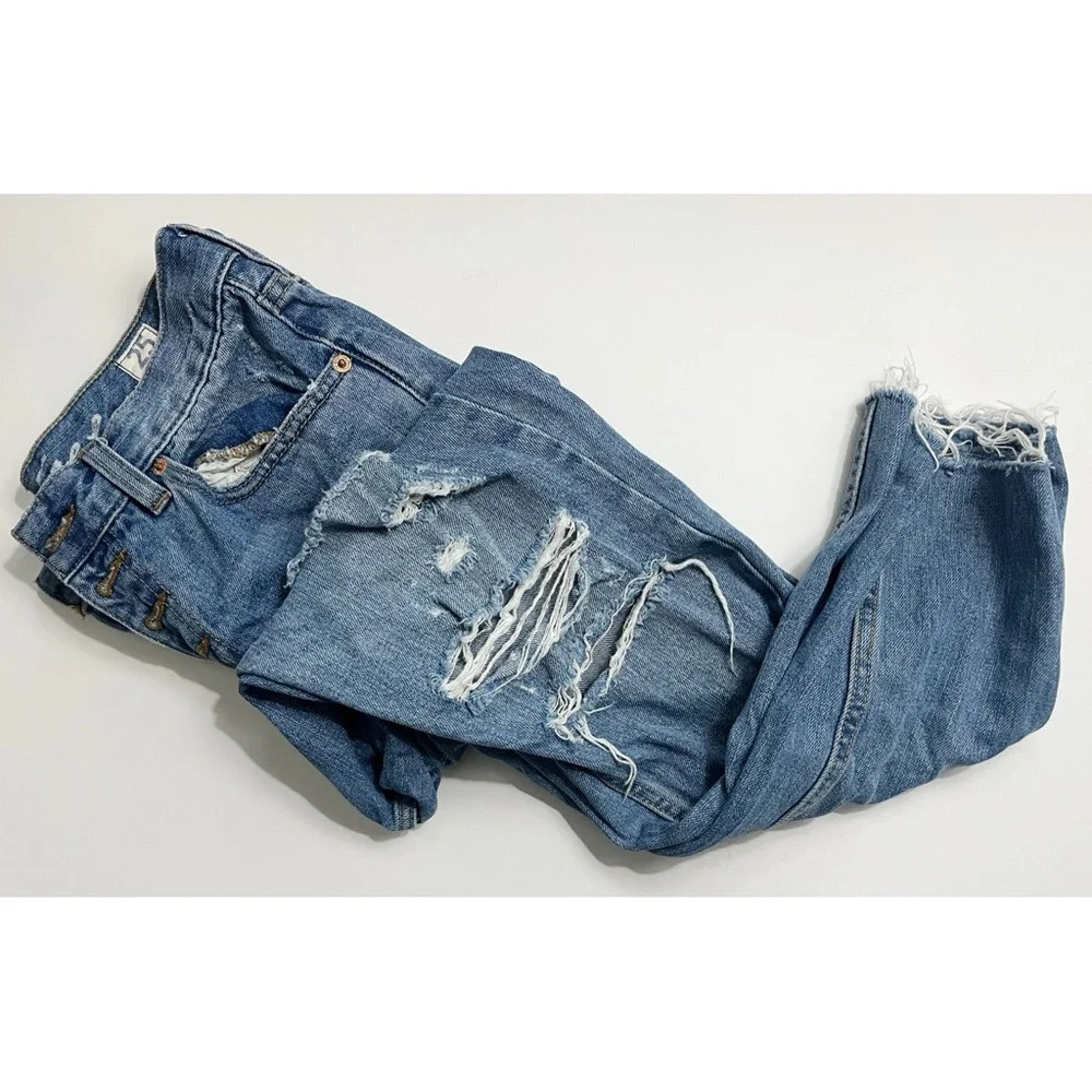 We The Free • Light Wash Destructed Ripped Button Fly High Rise Jeans